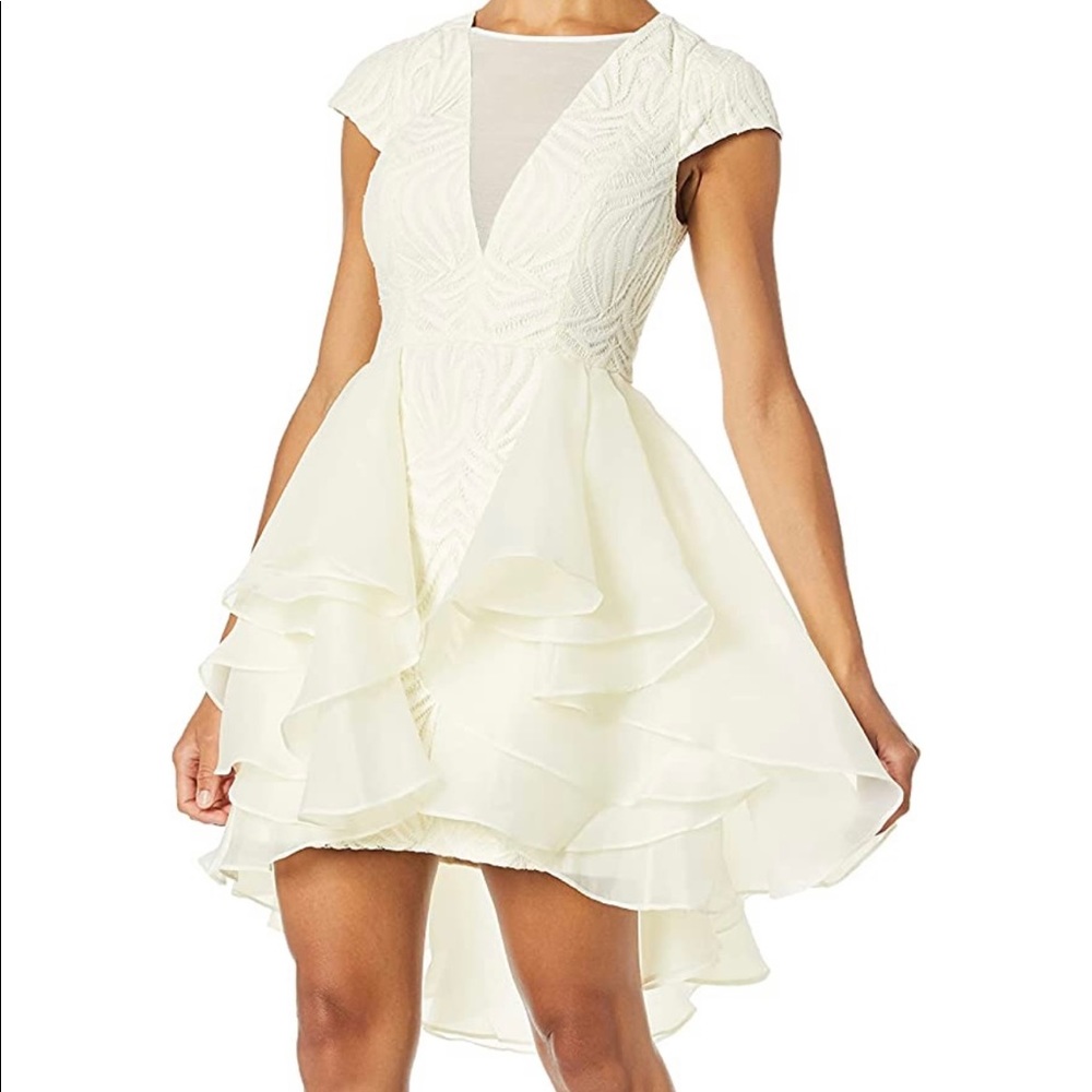 NWT HALSTON HERITAGE Women's Cap Sleeve V Neck Lace Dress with Skirt Overlay…